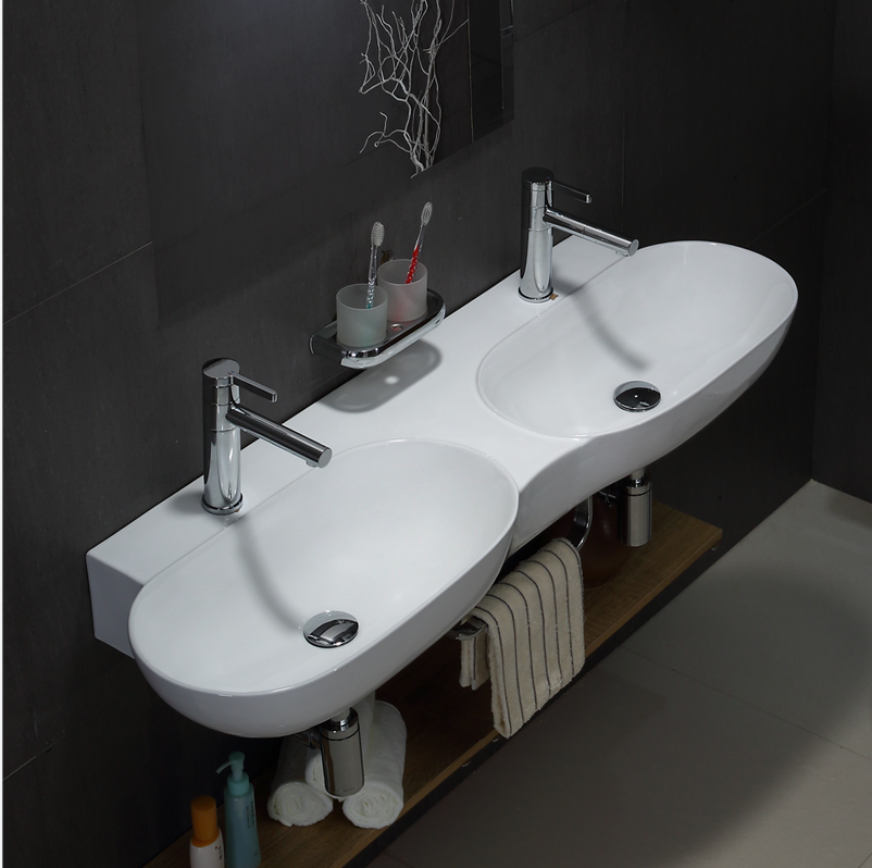 Chaozhou White Ceramic Washbasin with Double Basin and Double Hole Design: Exquisite, Easy to Clean, and Affordable BF0392