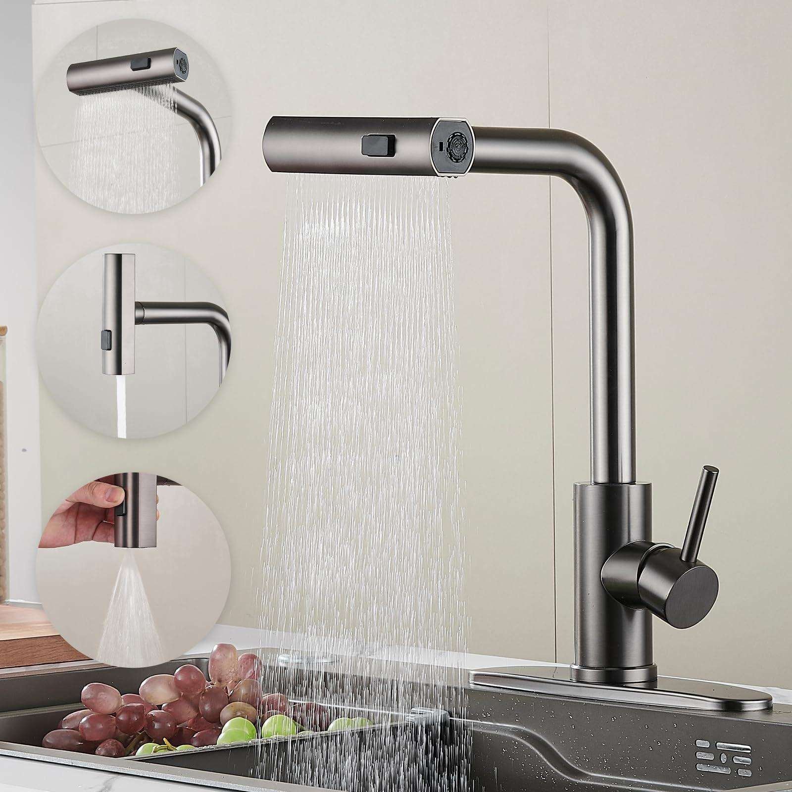 HLK Modern 360 Degree Rotatable 304 Stainless Steel Chrome Finish Ceramic Valve Pull-Out Spray Kitchen Faucet Cold Hot Water Tap