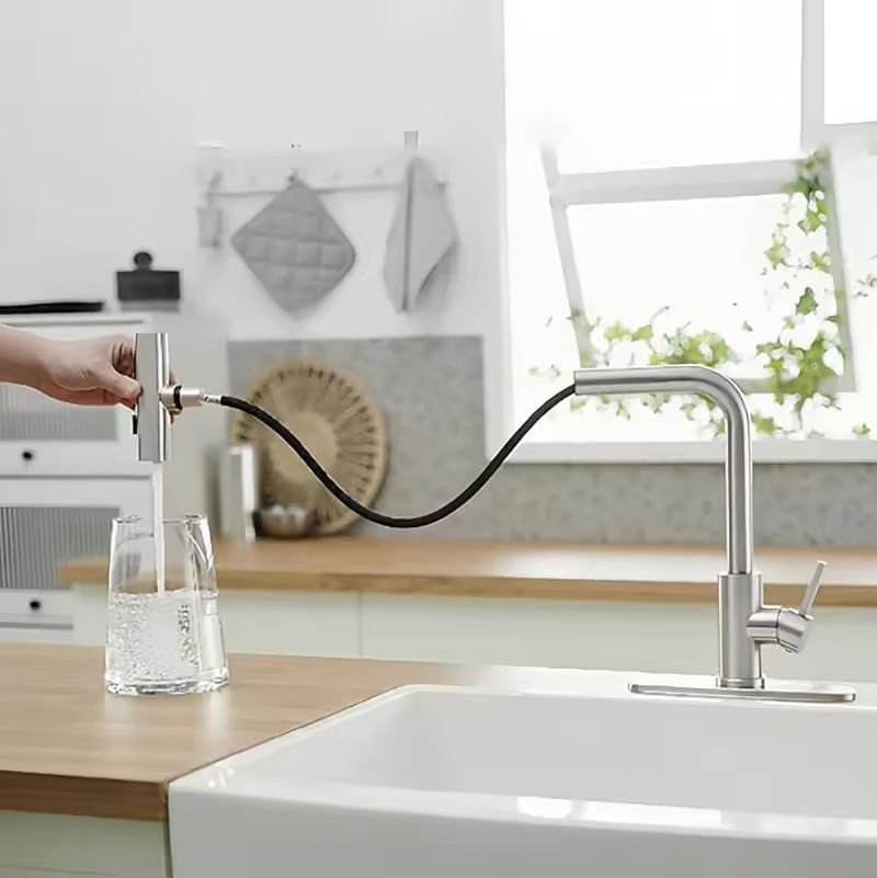 HLK Modern 360 Degree Rotatable 304 Stainless Steel Chrome Finish Ceramic Valve Pull-Out Spray Kitchen Faucet Cold Hot Water Tap