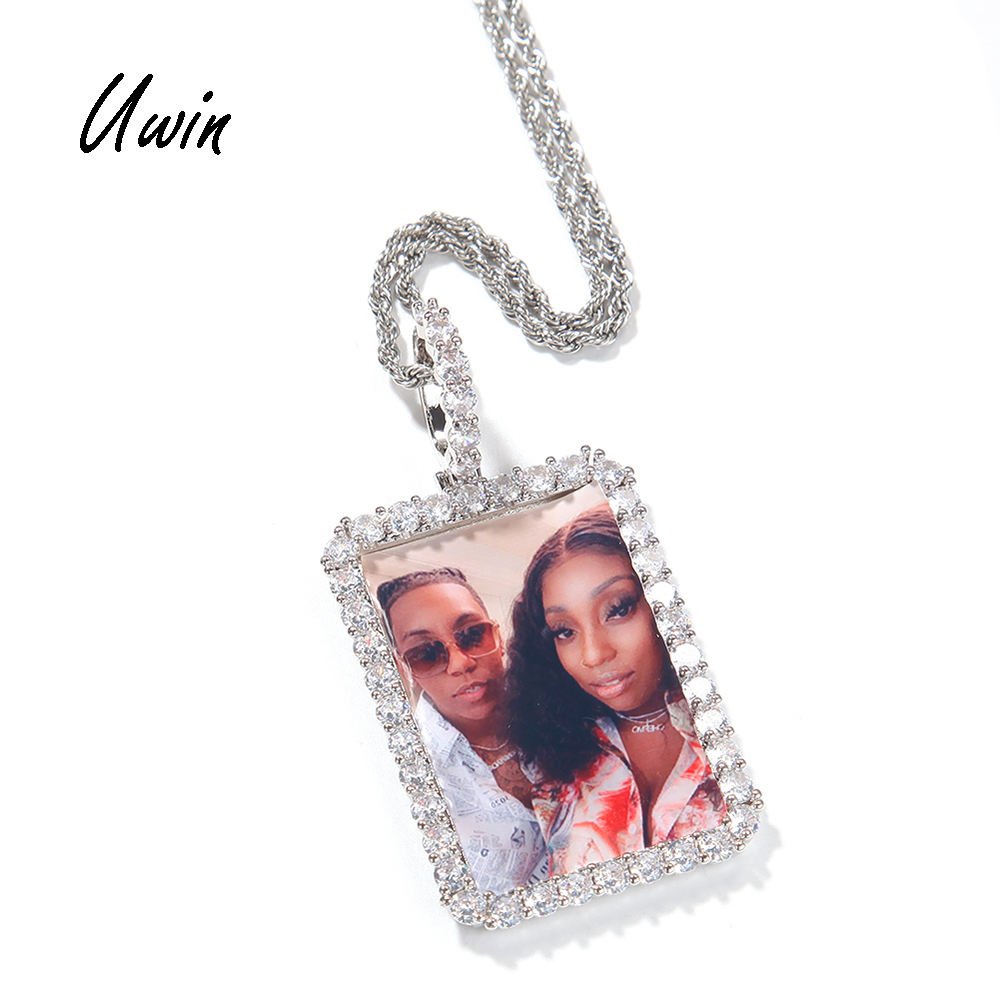 UWIN Custom Zirconia Diamond Memory Rectangle Photo Picture Pendant Iced Out Picture Memory Necklace Rapper Jewelries