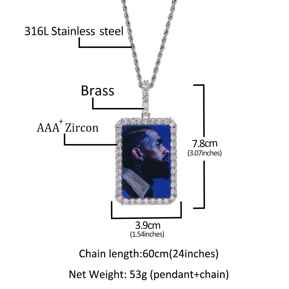 UWIN Custom Zirconia Diamond Memory Rectangle Photo Picture Pendant Iced Out Picture Memory Necklace Rapper Jewelries