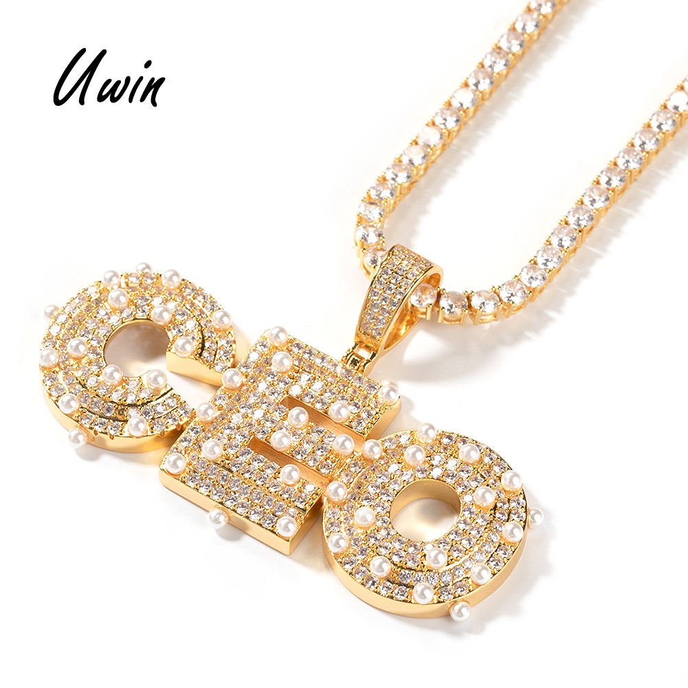 Personalized 3-Row Brass Hip Hop Necklace Custom Pearl Zircon Initial Letter Fashion Pendant Necklaces