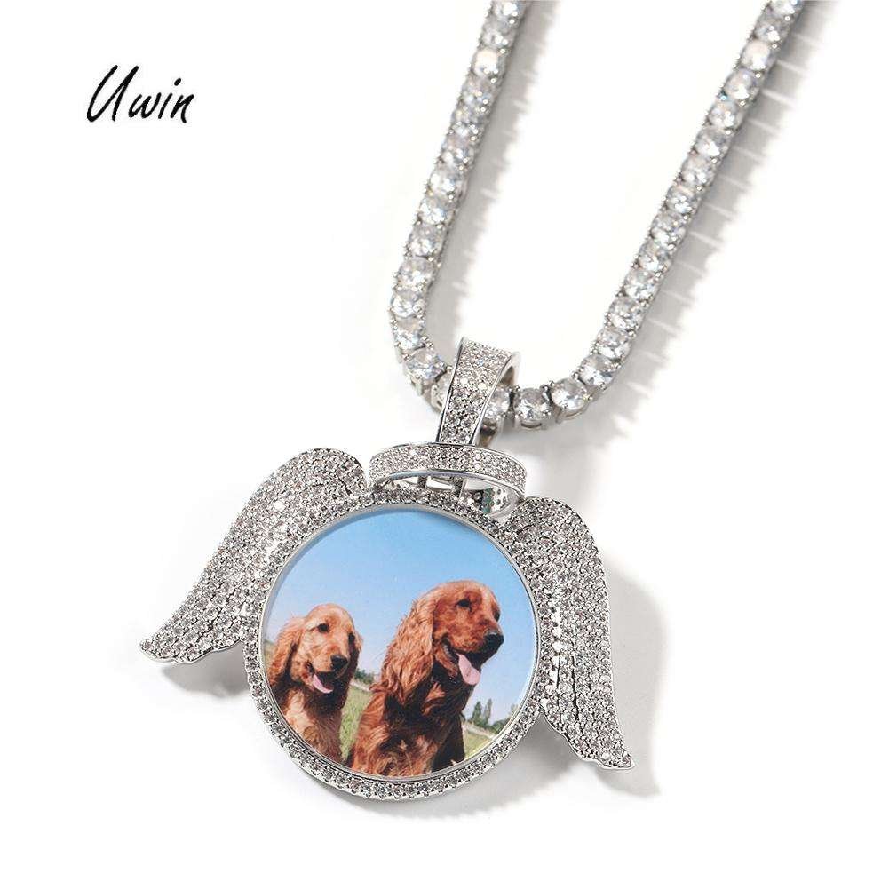 Hot Sale Angel Wings Photo Pendant Iced Out Round Wings Memory Necklace Women Man Fashion Jewelry Gift