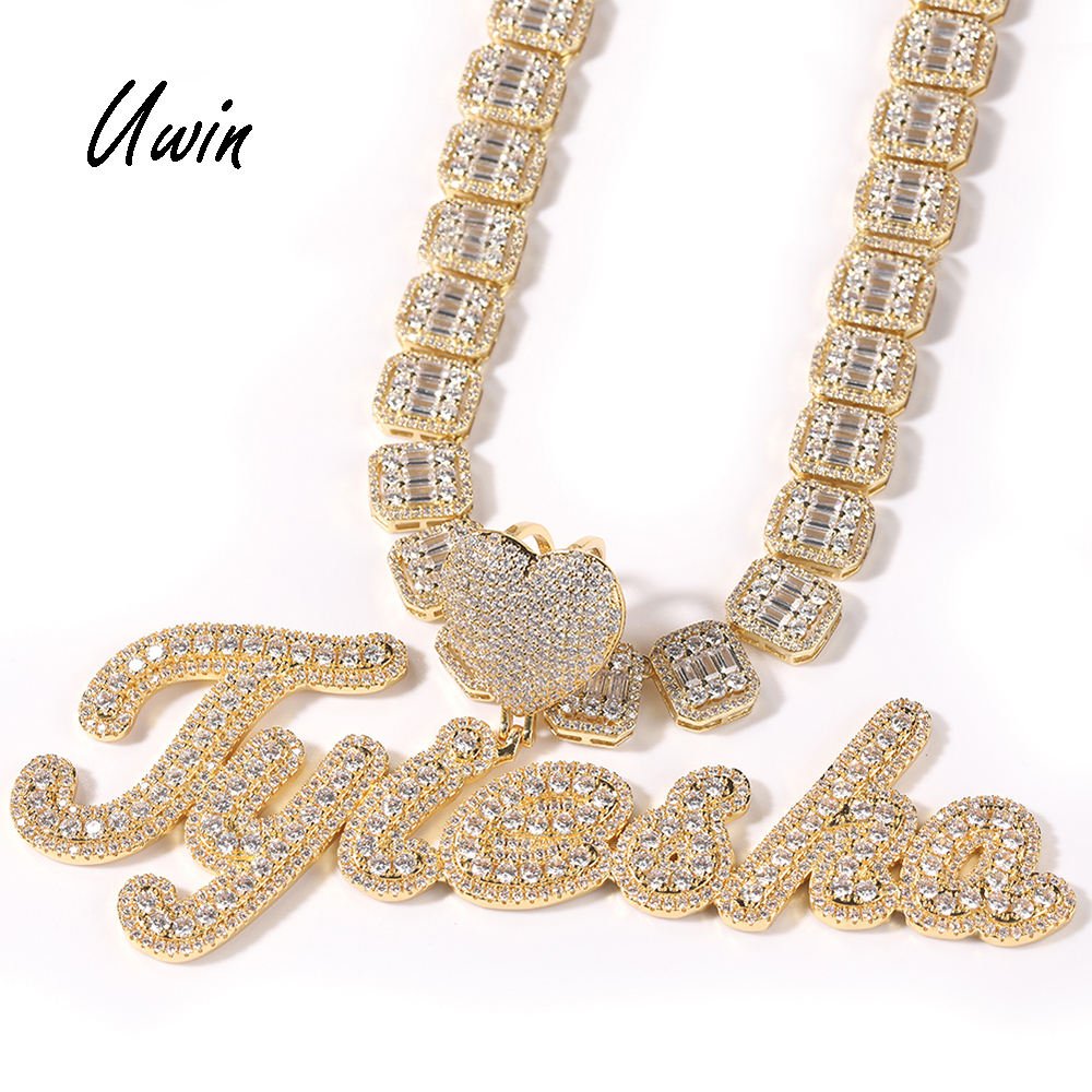 UWIN New Big Heart Hook Custom Name Pendant Brush Cursive Letter Pendant Necklace Baguette CZ Chain Women Men Jewelry