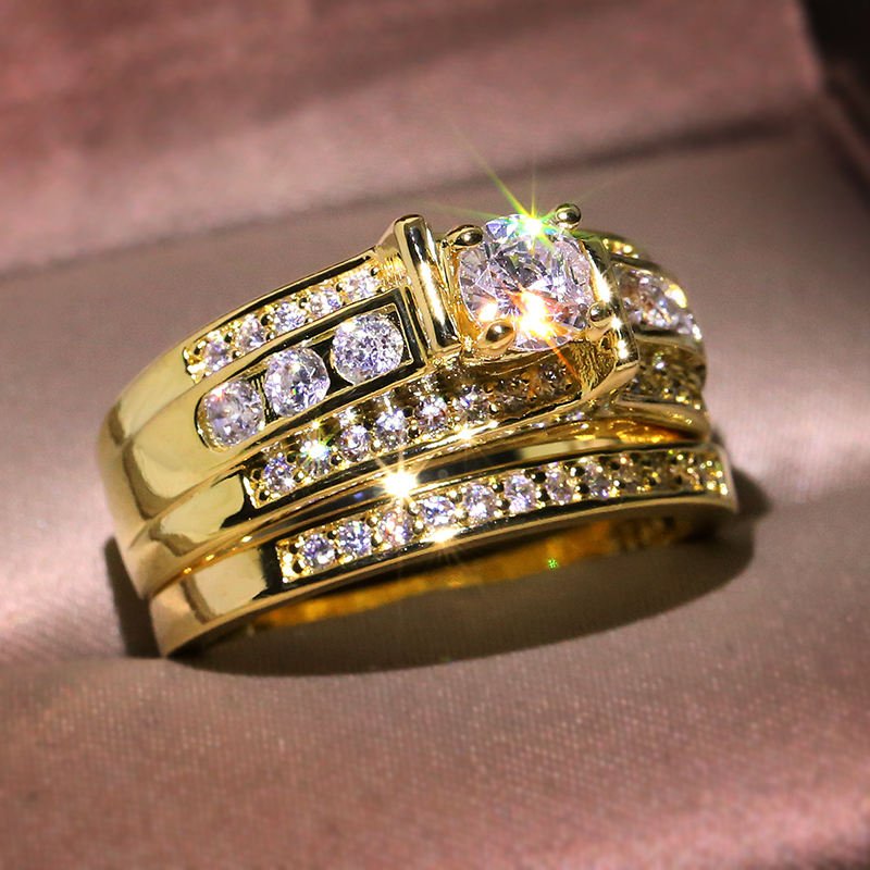 Manufacturer Direct Sale New Design KYRB051 CZ Ring 18k Gold Plated 3A Zircon Engagement Ring Sets for Women