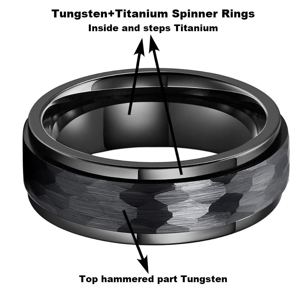 Coolstyle Jewelry 8mm Black Hammered Tungsten Spinner Fidget Ring for Men Women Anxiety Release Fashion Engagement Wedding Band