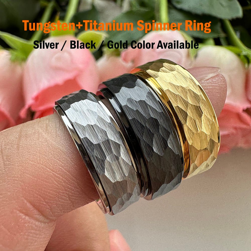 Coolstyle Jewelry 8mm Black Hammered Tungsten Spinner Fidget Ring for Men Women Anxiety Release Fashion Engagement Wedding Band