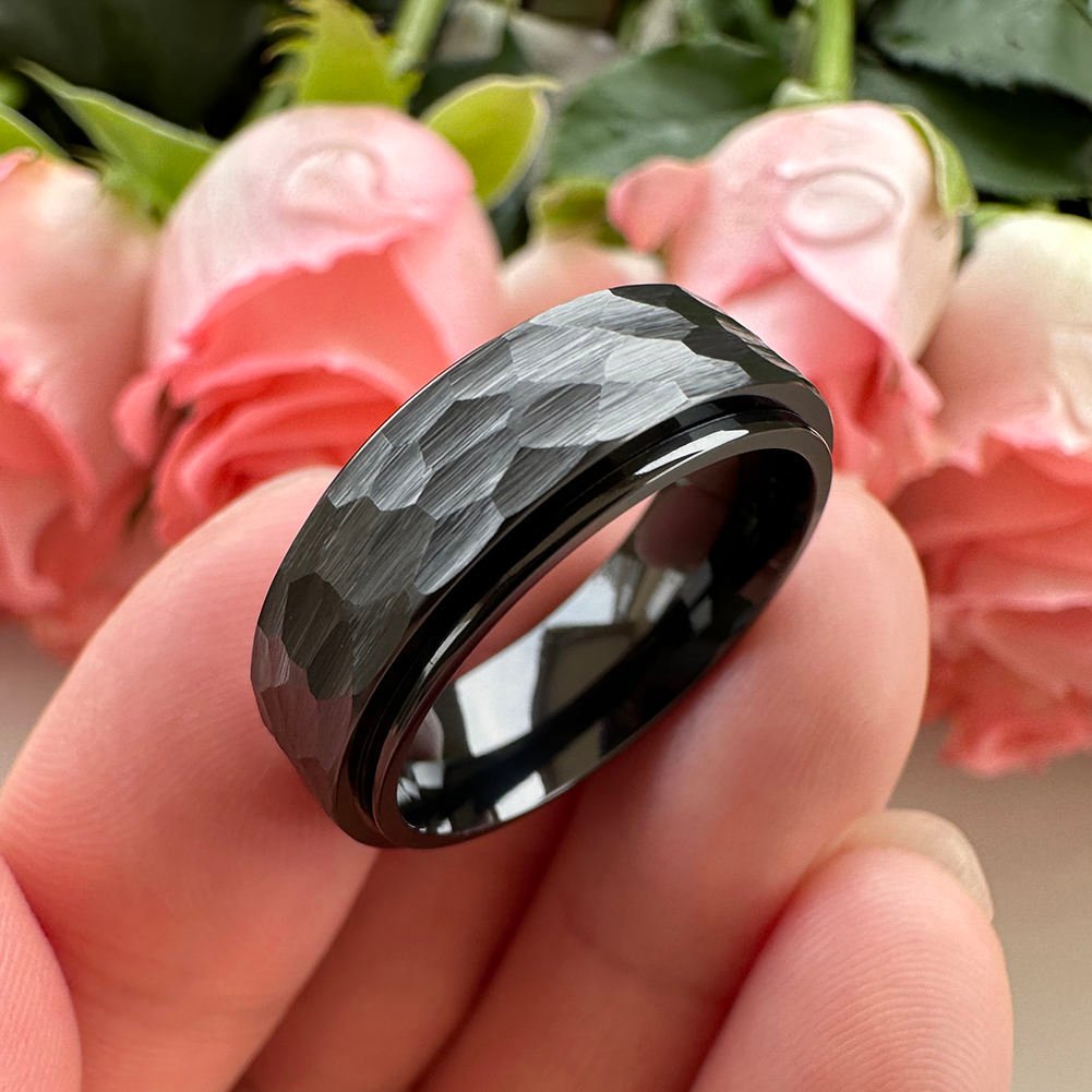Coolstyle Jewelry 8mm Black Hammered Tungsten Spinner Fidget Ring for Men Women Anxiety Release Fashion Engagement Wedding Band