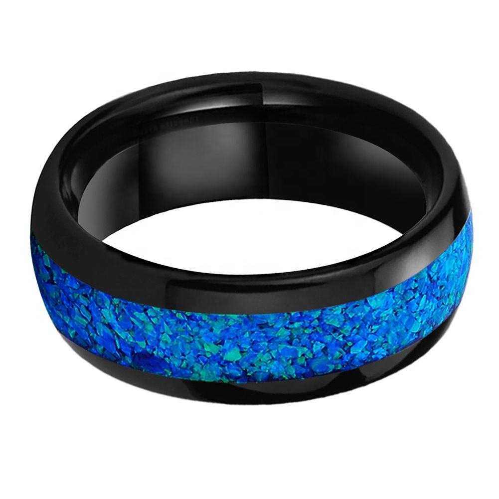 Coolstyle Jewelry 8mm Blue Opal Inlay Black Tungsten Carbide Ring for Men Women Fashion Engagement Wedding Band Comfort Fit