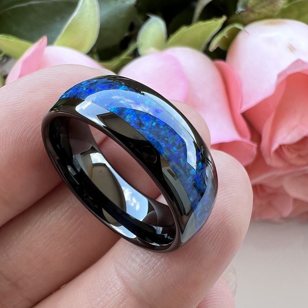 Coolstyle Jewelry 8mm Blue Opal Inlay Black Tungsten Carbide Ring for Men Women Fashion Engagement Wedding Band Comfort Fit