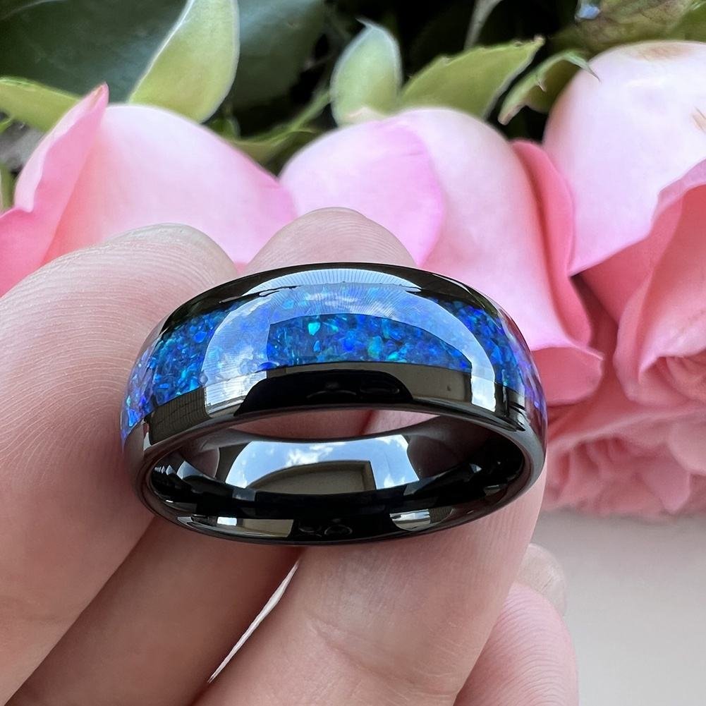 Coolstyle Jewelry 8mm Blue Opal Inlay Black Tungsten Carbide Ring for Men Women Fashion Engagement Wedding Band Comfort Fit