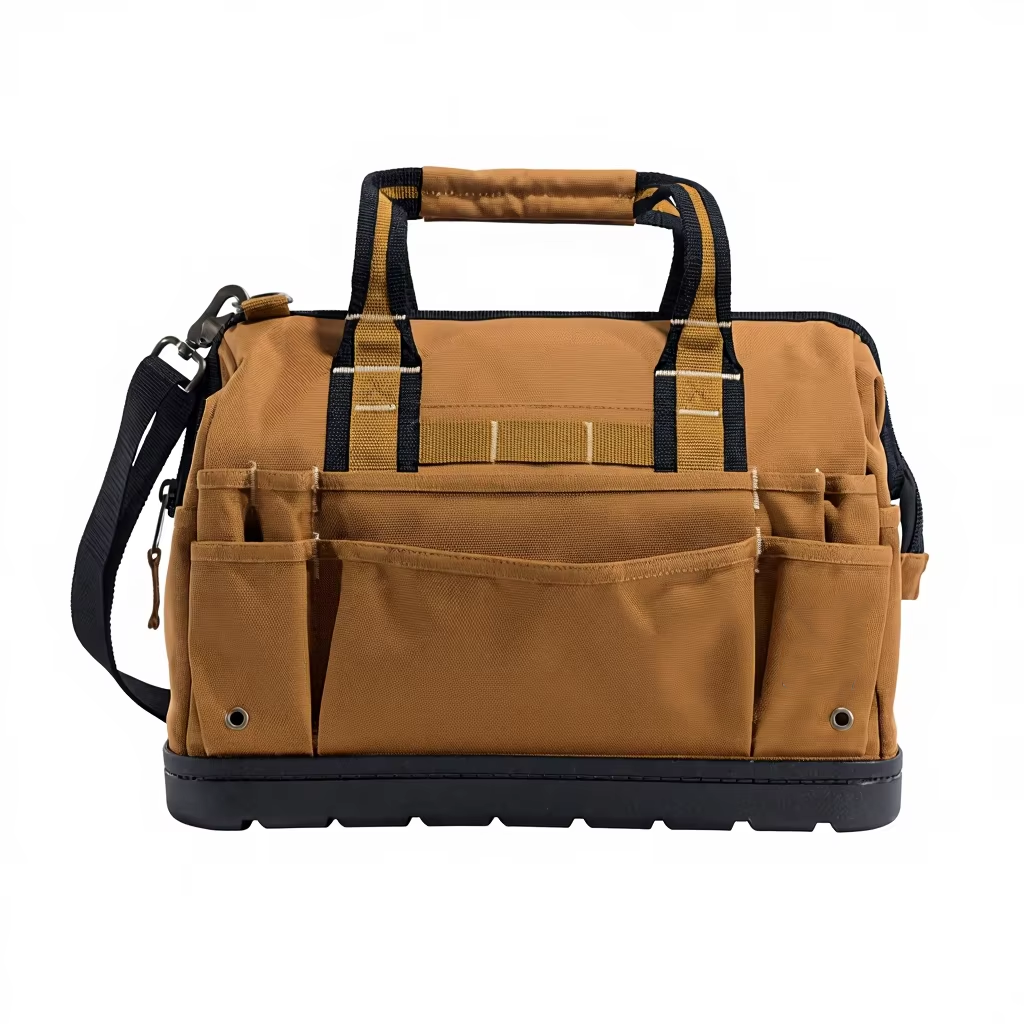Polyester Modern Onsite Tool Bag Durable Water-Resistant Zipper Closure Heavyweight with Molded Base 16-Inch Brown