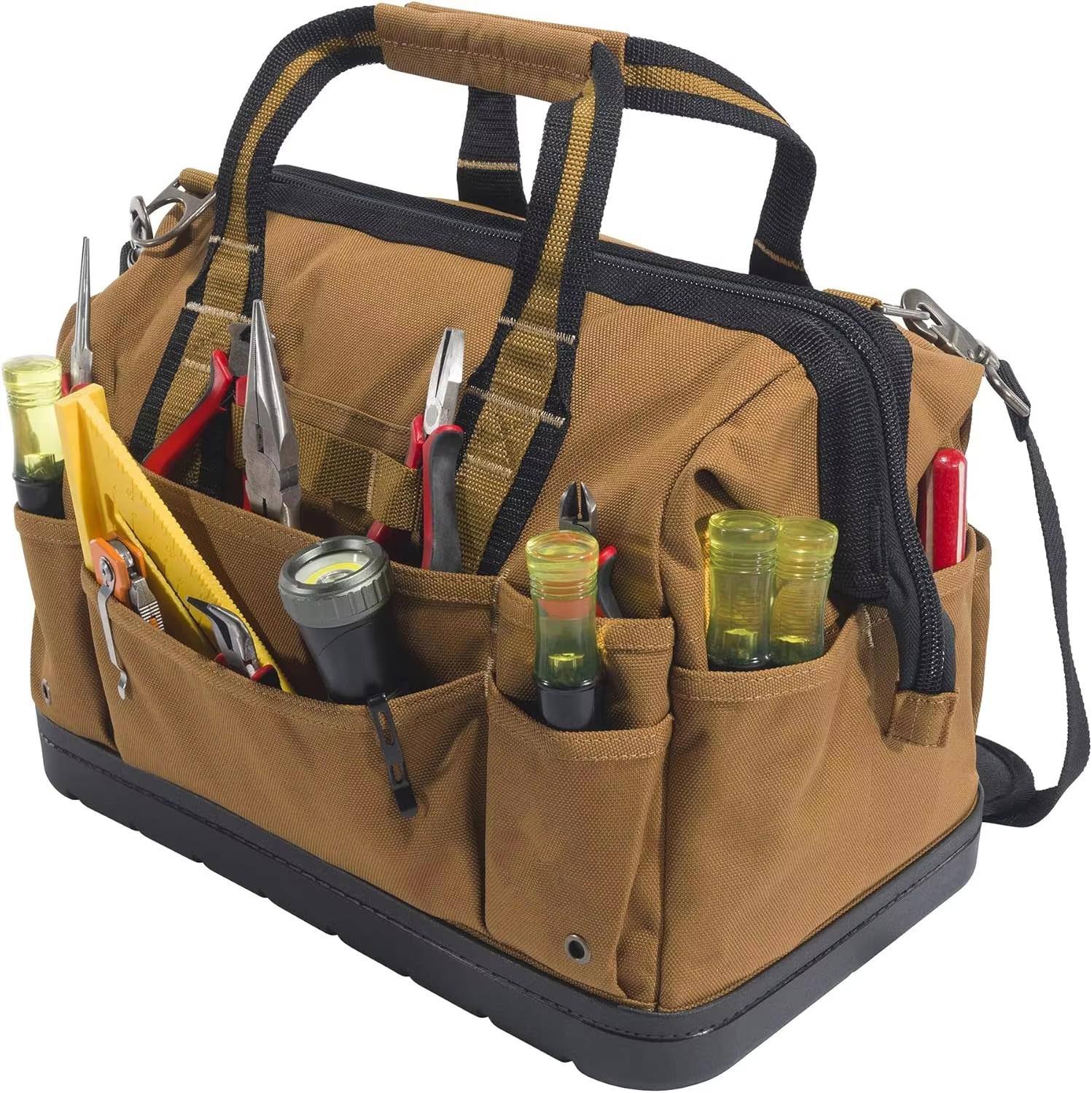 Polyester Modern Onsite Tool Bag Durable Water-Resistant Zipper Closure Heavyweight with Molded Base 16-Inch Brown