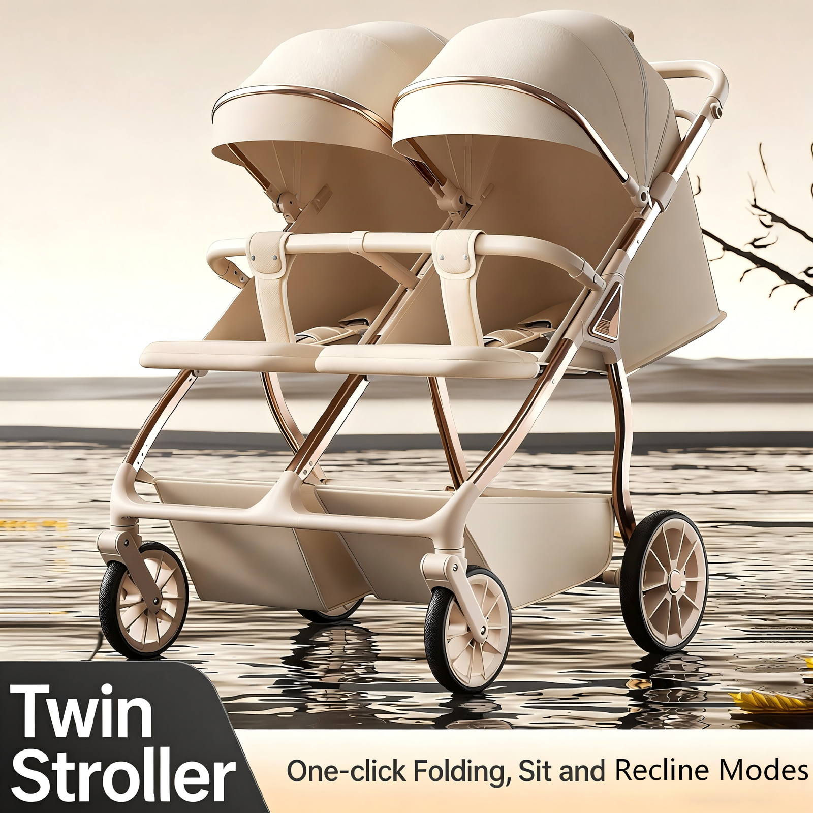 The Twin-specific Baby Stroller with a Removable Seat and a Reclining Function, Which Can Be Folded in One Step.
