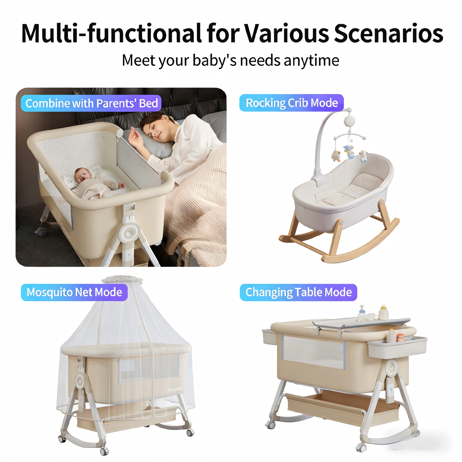 Portable Convertible Double-in-one Foldable Multi-functional Rocking Crib for Babies