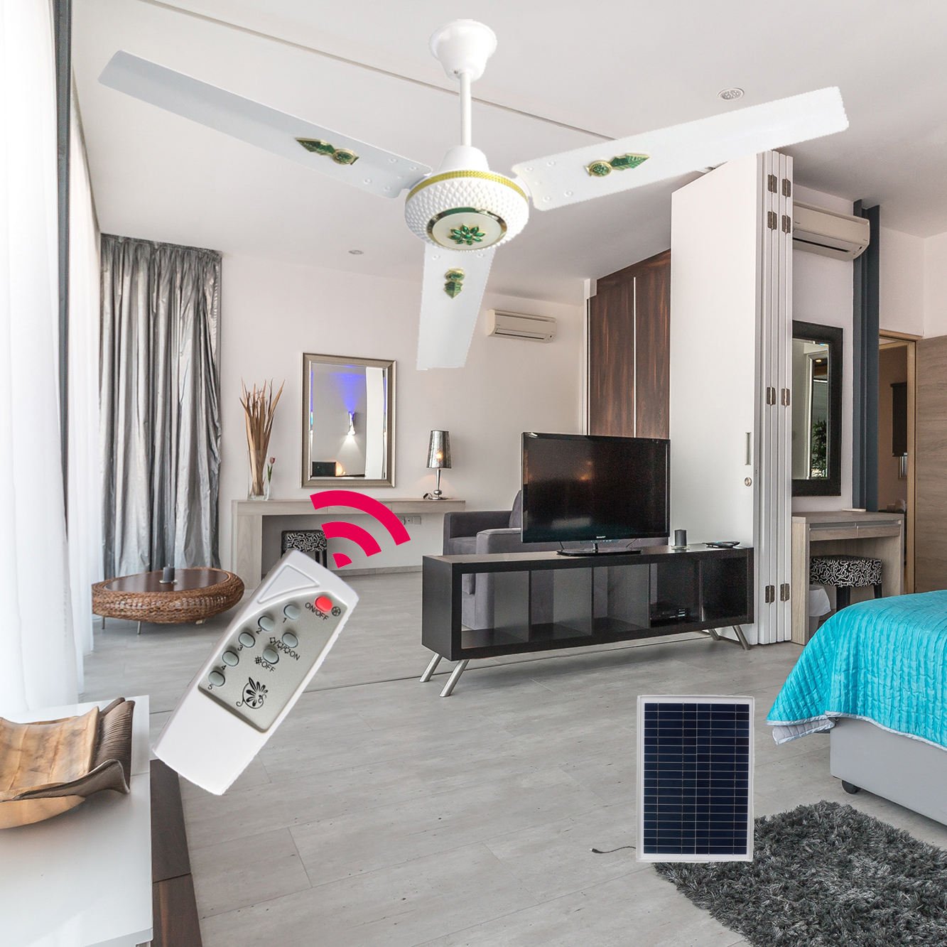 Hot Sale 56 Inch Rechargeable Ceiling Fan with LED Light Remote Control 12V DC Motor Solar AC & DC Options Metal Material