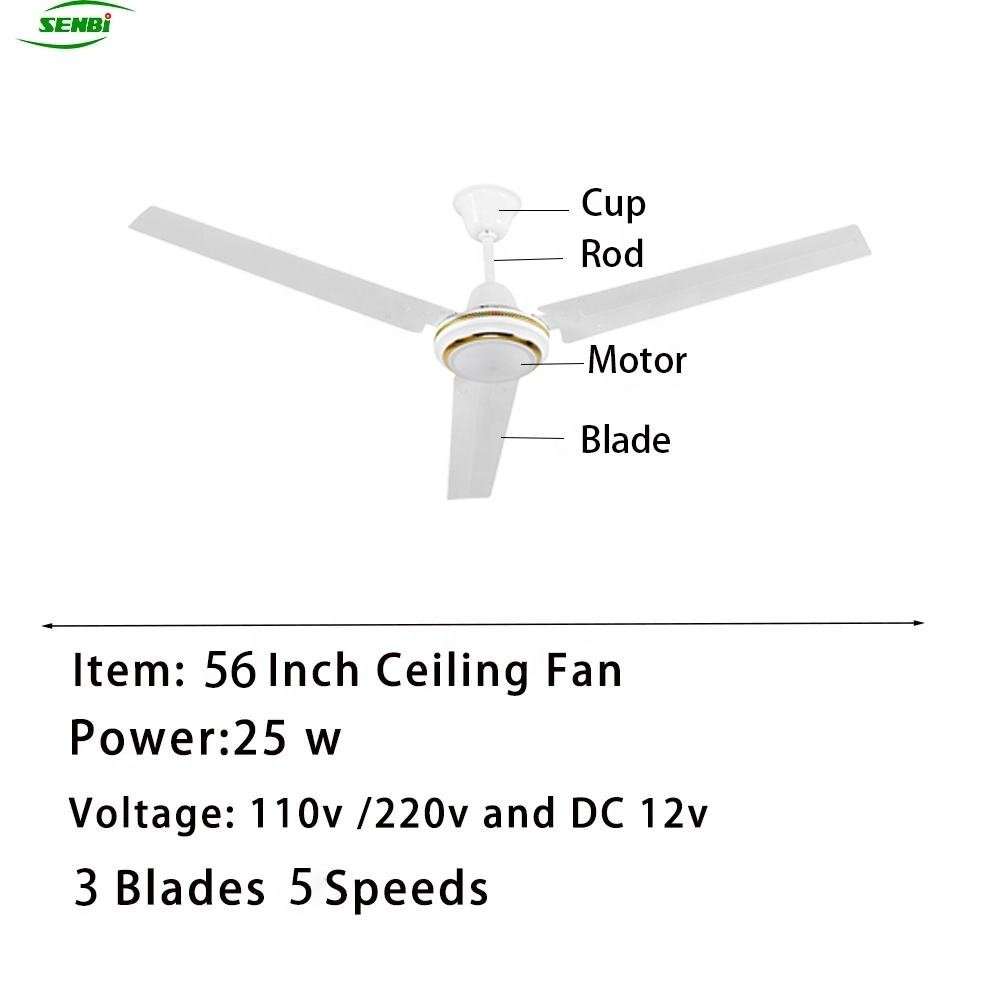 56 Inch DC Ceiling Fan with 3 Blades 5 Speeds BLDC Motor Solar/Electric Powered for Commercial & Household Use