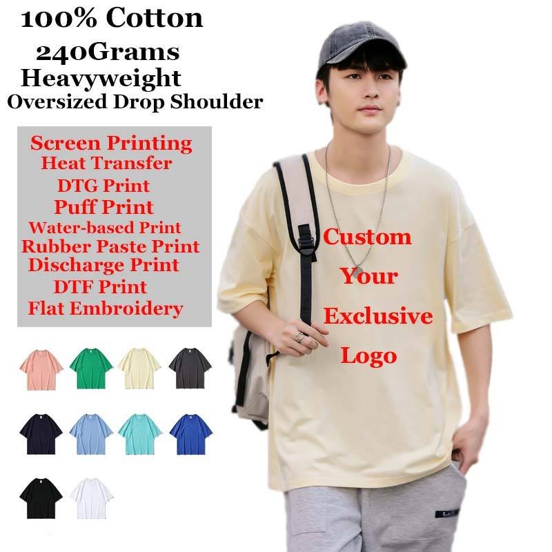 240G 100% Cotton Heavyweight Oversized TShirt Custom Logo Men's Drop Shoulder Streetwear T-Shirt with Custom Printing Embroidery
