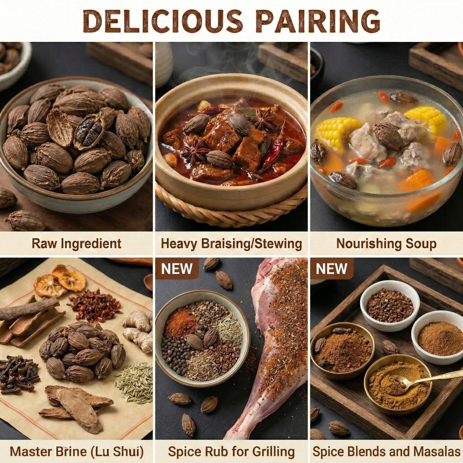 Halal Certified Black Cardamom Tsaoko Whole Dried Spice for Muslim Cuisine and Meat Stewing Seasoning Bulk