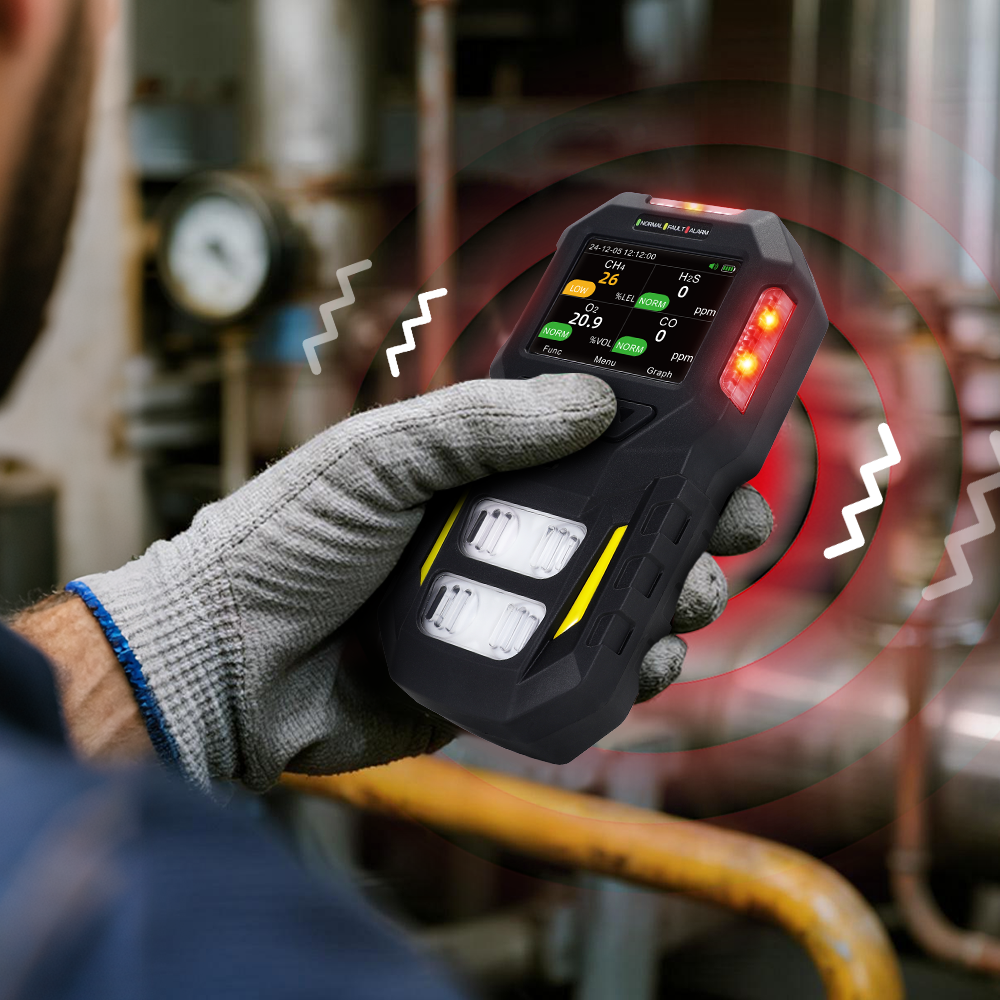 For 4-in-1 Multi-Gas Leak Detector IP67 Portable for H2S/O2/LEL/Combustible Toxic Gases Sound/Light/Vibration Alarm Li-On