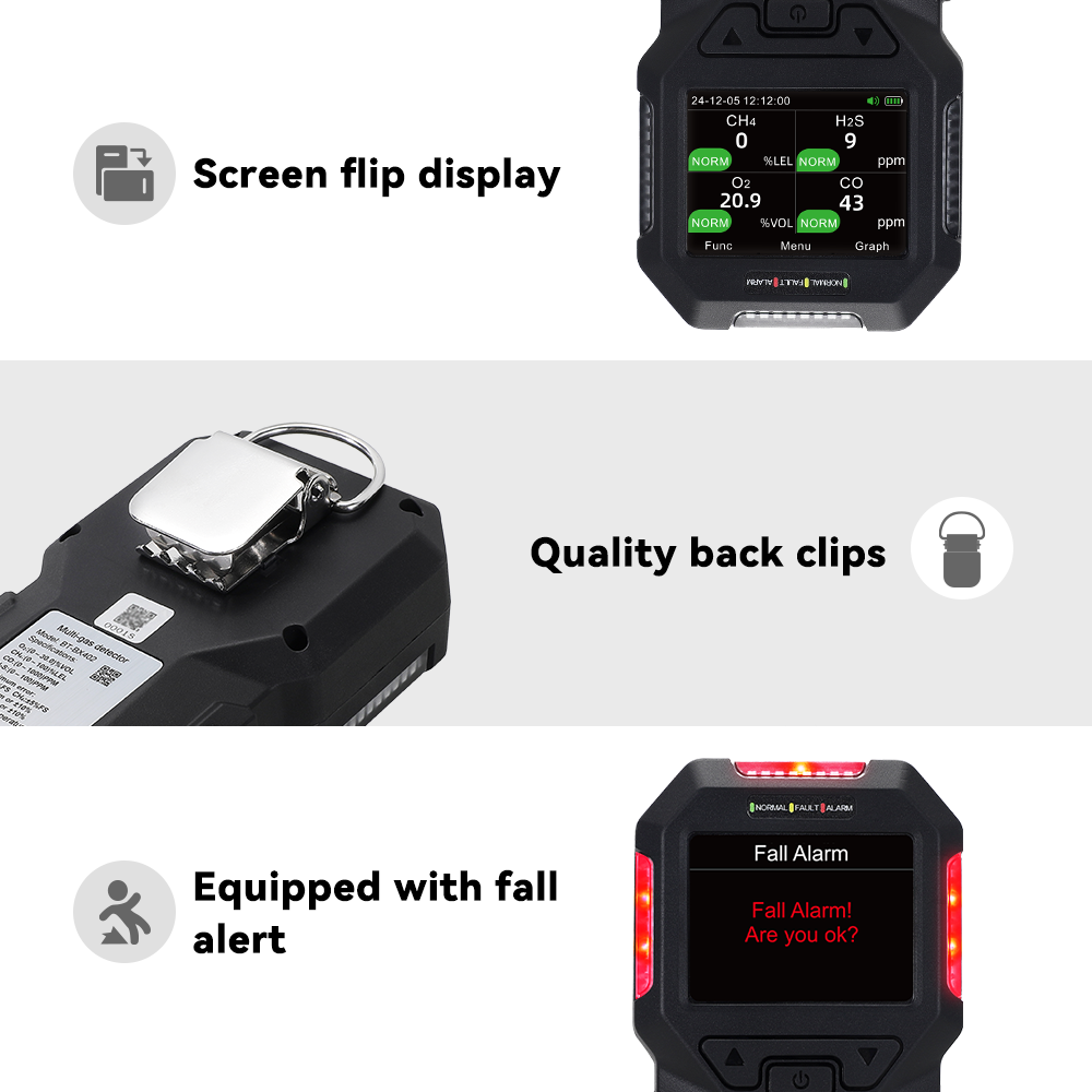 For 4-in-1 Multi-Gas Leak Detector IP67 Portable for H2S/O2/LEL/Combustible Toxic Gases Sound/Light/Vibration Alarm Li-On