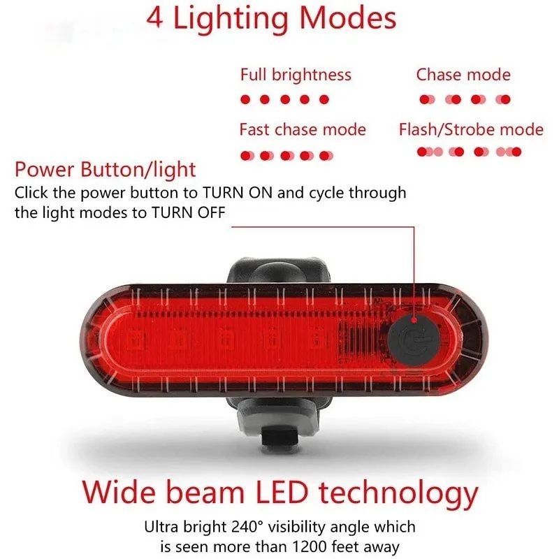 USB Rechargeable Ultra-Bright Red Rear Bike Tail Light Easy-to-Install Bicycle/Helmet Taillights for Cycling