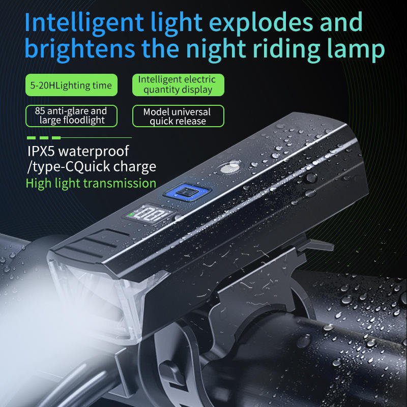 Digital Display Front Bicycle Light ABS Material Night Cycling Highlight Lamp TYPE-C Charging Convenient Handlebar Battery