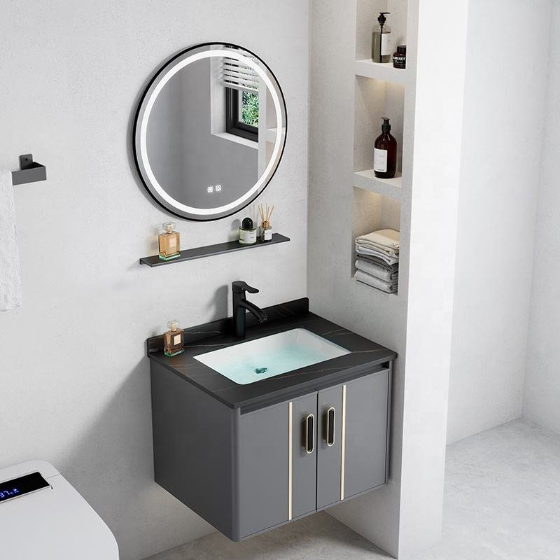 Cheap Modern Grey Painted Wall Mounted PVC Bathroom Vanity With Ceramic Basin