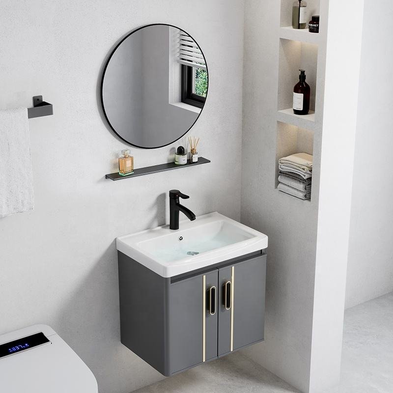 Cheap Modern Grey Painted Wall Mounted PVC Bathroom Vanity With Ceramic Basin