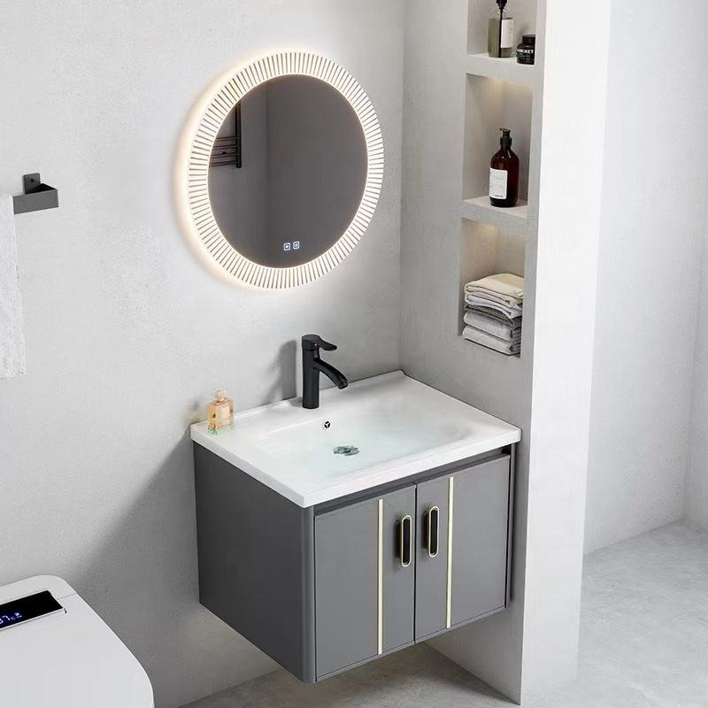 Cheap Modern Grey Painted Wall Mounted PVC Bathroom Vanity With Ceramic Basin