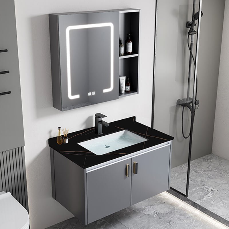 Modern Waterproof Water Resistant LED Lacquer Finish Aluminum Alloy Wall-Mounted Bathroom Cabinet Set Ceramic Basin Vanity Sink