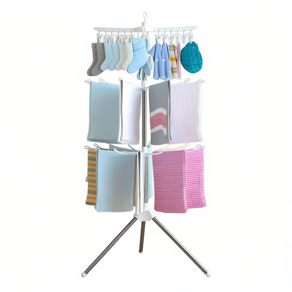 Myrva Large Folding Clothesline Stainless Steel Three Layer Standing Drying Rack For Balcony Laundry Storage