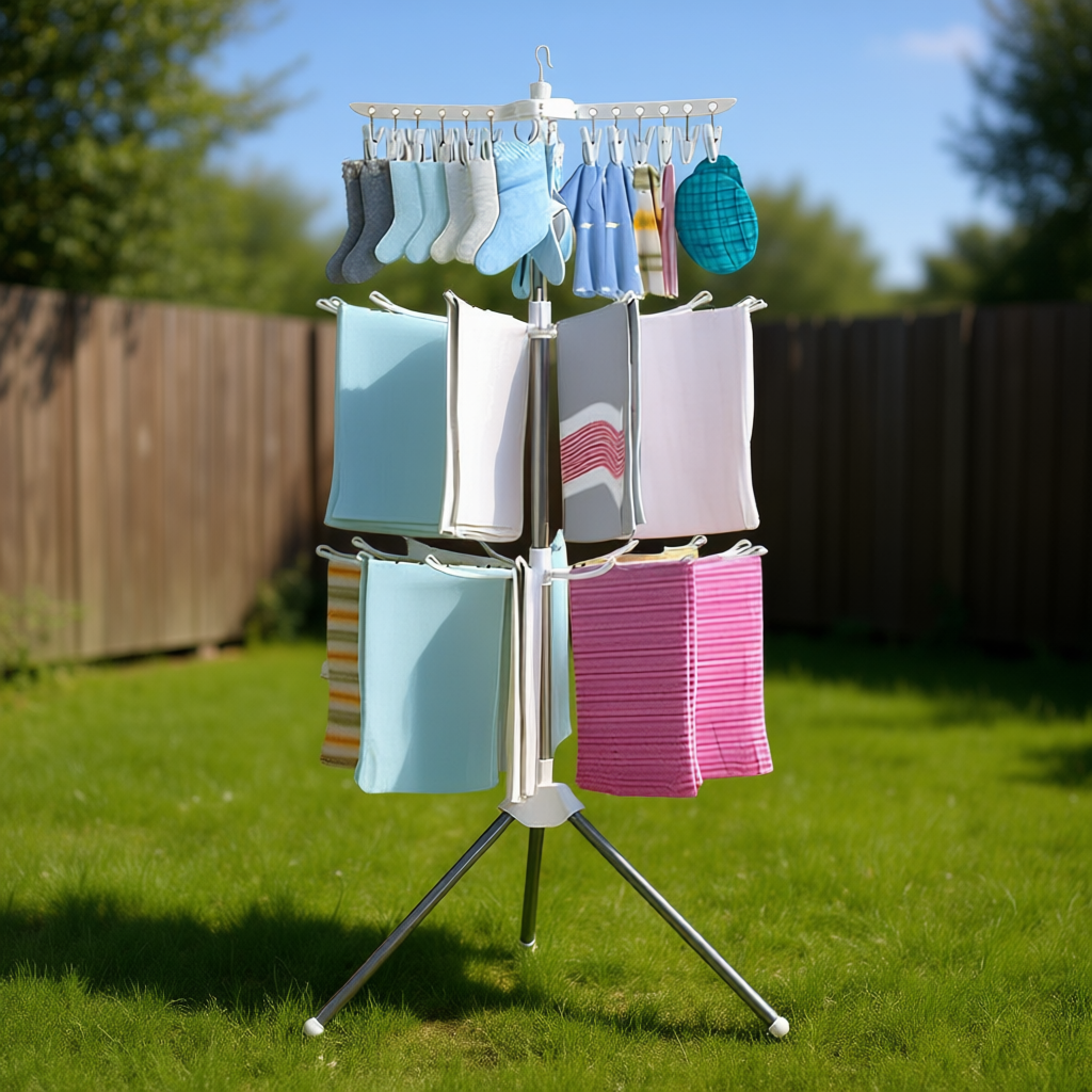 Myrva Large Folding Clothesline Stainless Steel Three Layer Standing Drying Rack For Balcony Laundry Storage