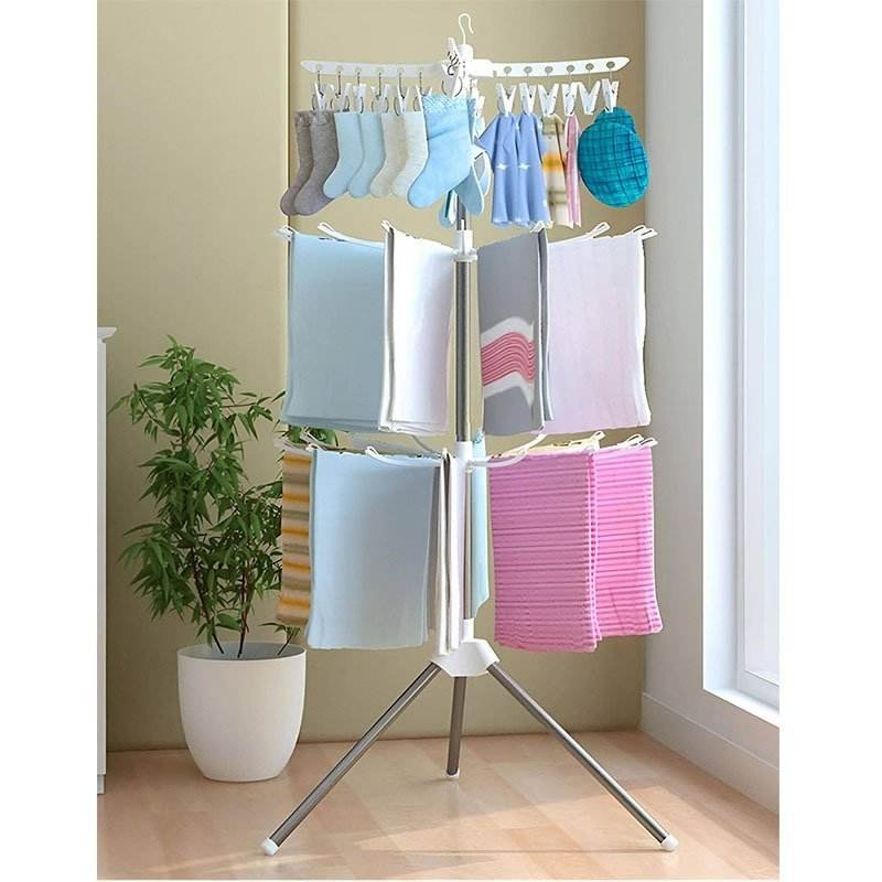 Myrva Large Folding Clothesline Stainless Steel Three Layer Standing Drying Rack For Balcony Laundry Storage