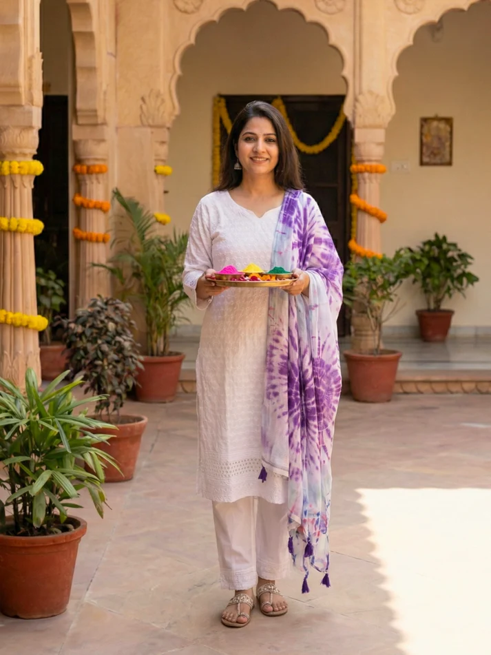 White Chikankari Kurta Set with Purple Tie Dye Dupatta for Women Embroidered Ethnic Cotton Suit