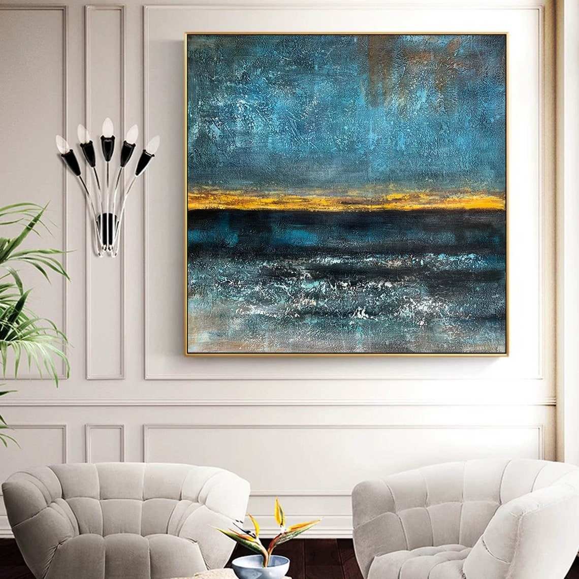 SQ Large Wall Art on Canvas Modern Abstract Painting Acrylic Blue Abstract Oil Painting for Living Room and Office Decor