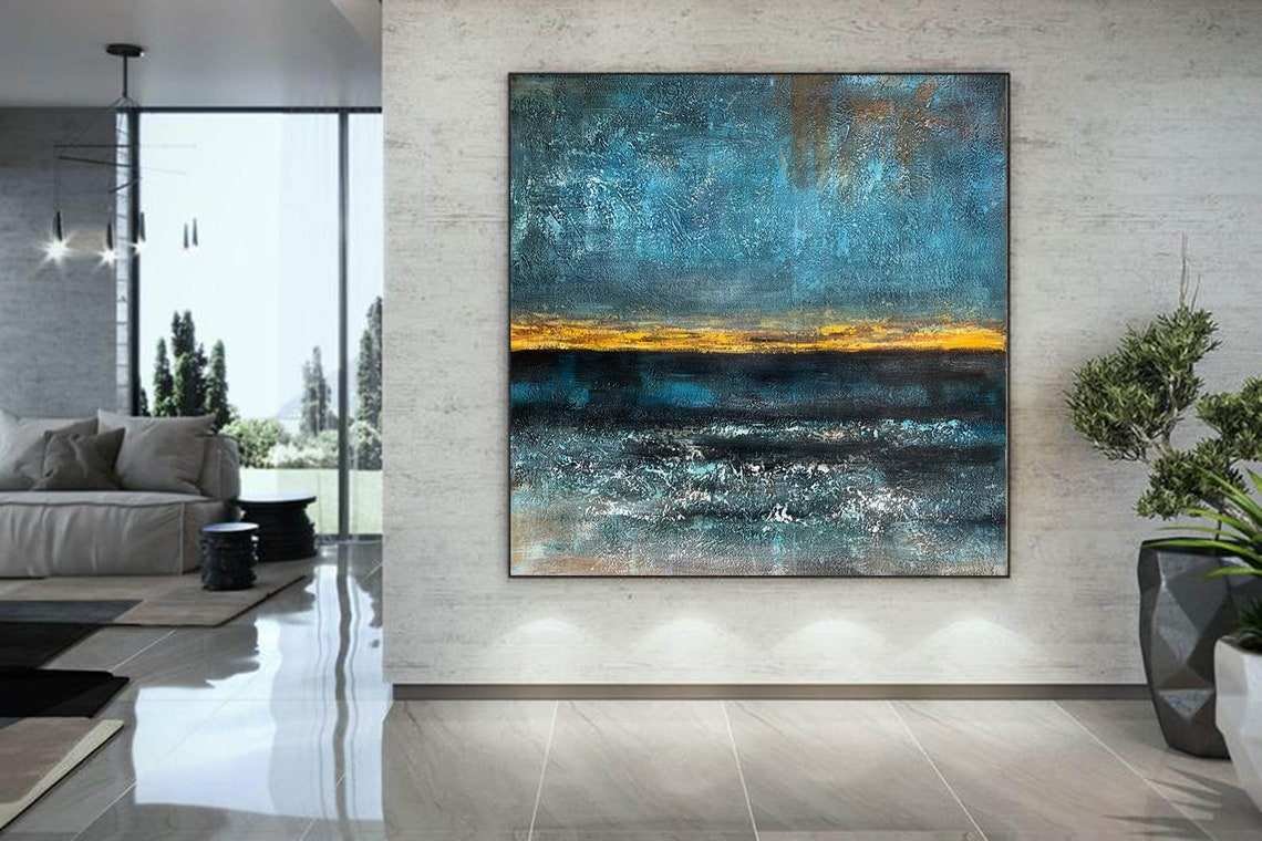 SQ Large Wall Art on Canvas Modern Abstract Painting Acrylic Blue Abstract Oil Painting for Living Room and Office Decor