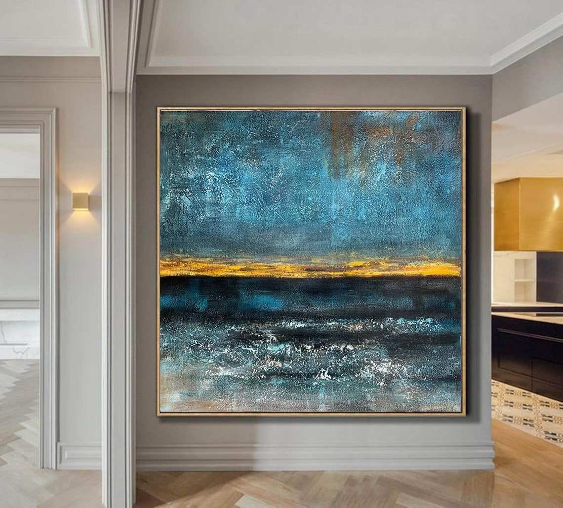 SQ Large Wall Art on Canvas Modern Abstract Painting Acrylic Blue Abstract Oil Painting for Living Room and Office Decor