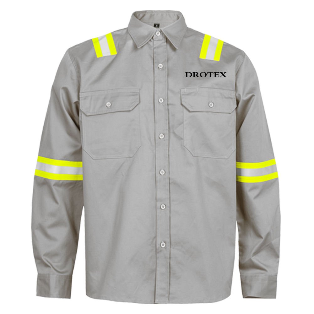 FR Shirt for Men Cat-2 Fire Resistant Shirt with High Visibility Reflective Tapes ATPV 8.7 Cal/cm² NFPA 70E & 2112 Compliant