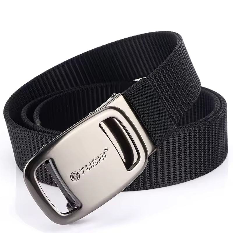 Casual Belt for Men Metal Automatic Silver Buckle Working Belt Sturdy Real Nylon Blue Waistband Male Girdle