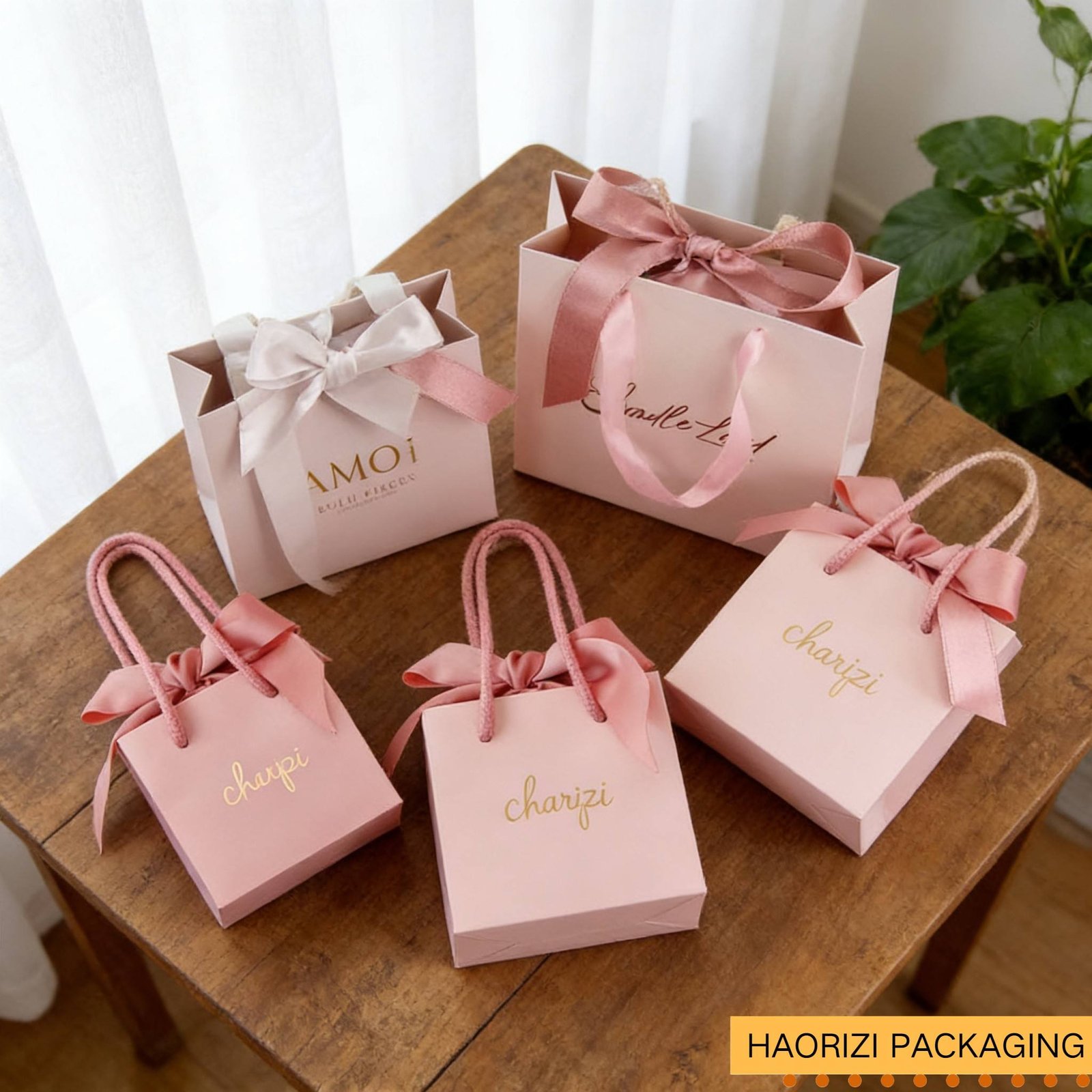 Small Packaging Paper Shopping Gift Bags With Logo Ribbon Handle Boutique Clothing Shoes Packaging Durable Fancy Paper Bags
