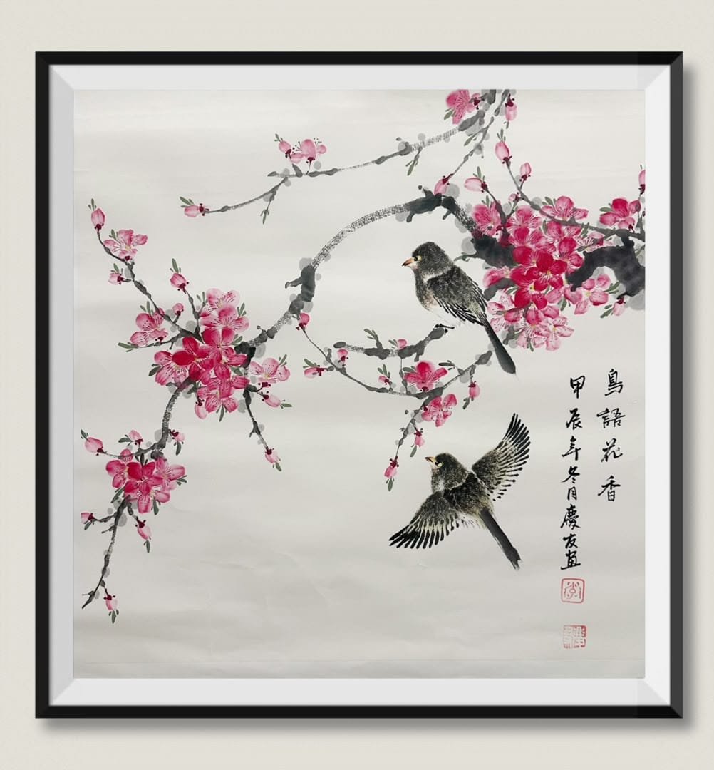 Warbling birds amid fragrant blossoms