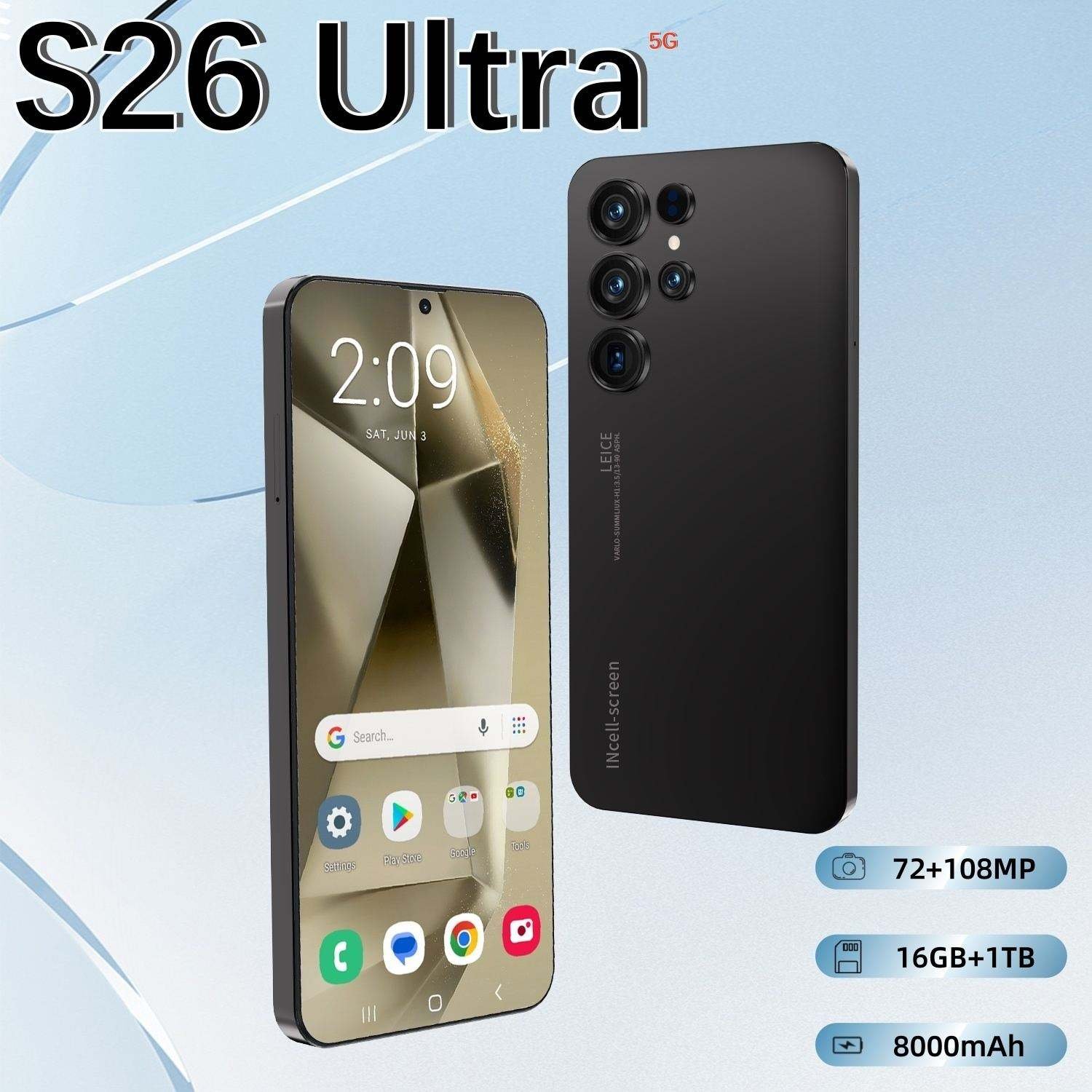 S26 Ultra Android 15 Gaming Smartphone 16GB+1TB Unlocked Dual SIM 5G Mobilephone 7.3inch HD Screen 72+108MP Beauty Camera