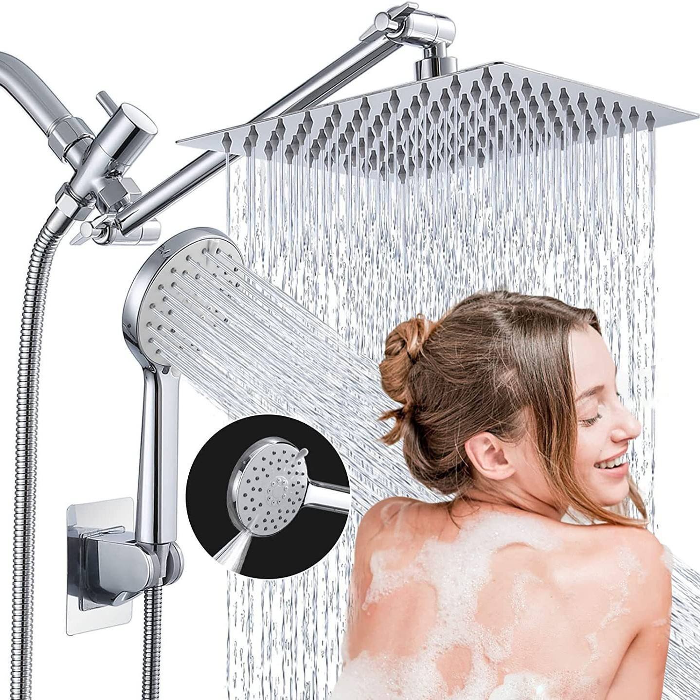 Modern Thermostatic Rainfall Bathroom Shower Set Stainless Steel Polished Chrome Finish Dual Handle Mixer Tap System Jet Soft
