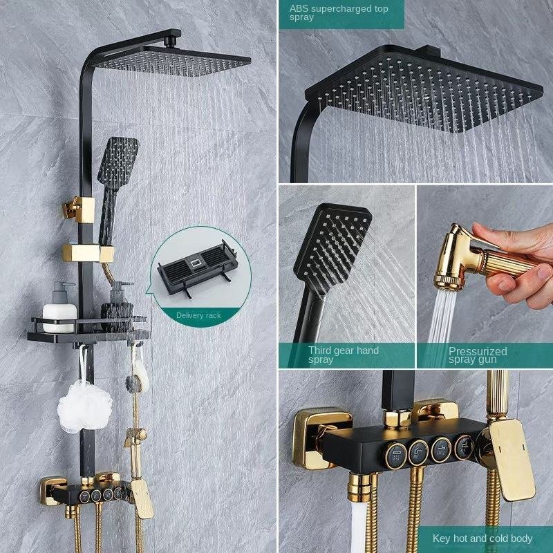 Deao Square Tap Thermostatic 4 Keys Shower Faucets Bathroom Brass Shower System Black Gold Cold and Hot Water Shower Set