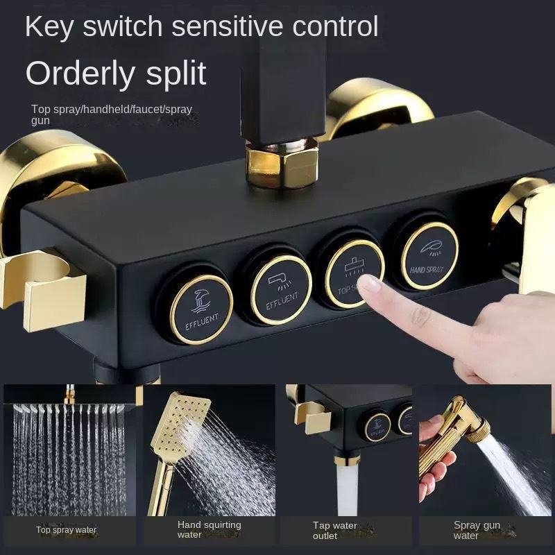Deao Square Tap Thermostatic 4 Keys Shower Faucets Bathroom Brass Shower System Black Gold Cold and Hot Water Shower Set