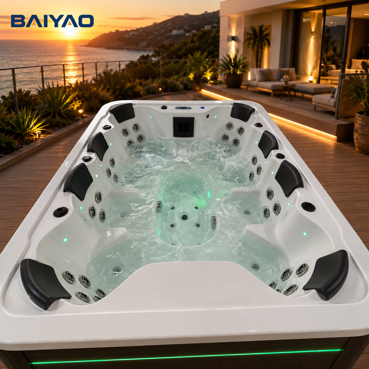 Outdoor Hot Tub Acrylic 8-Seat Jakuzzi With Powerful Massage Jets Spa LED Lighting & Ozone System Yacuzzi for Garden & Patio