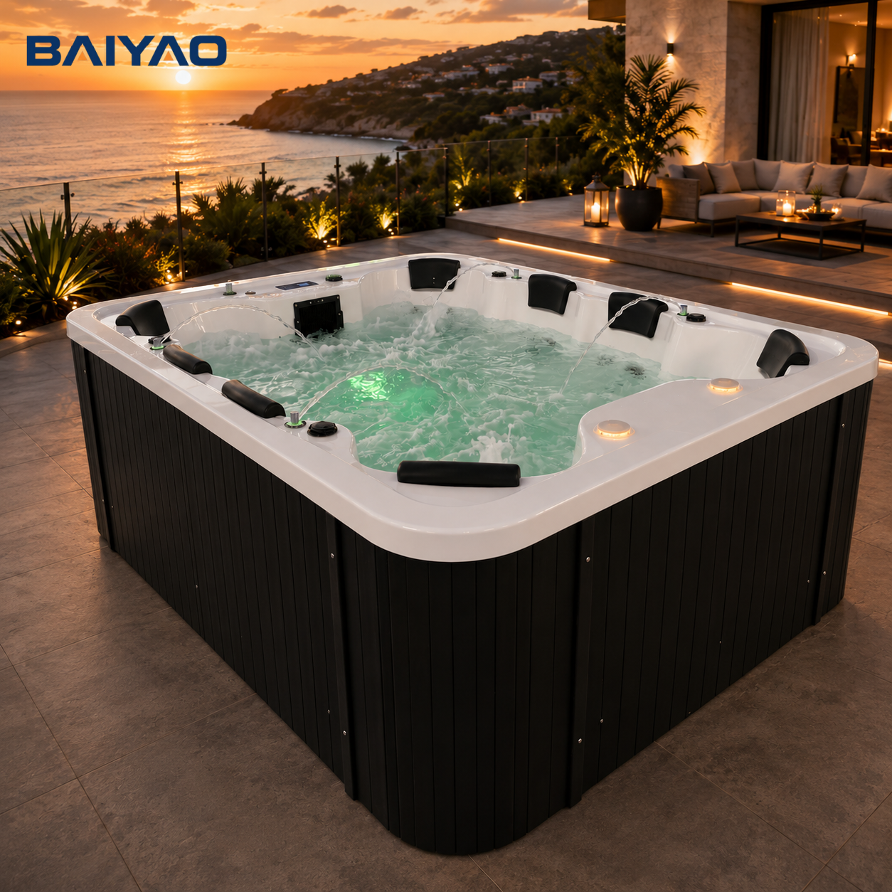 Outdoor Hot Tub Acrylic 8-Seat Jakuzzi With Powerful Massage Jets Spa LED Lighting & Ozone System Yacuzzi for Garden & Patio