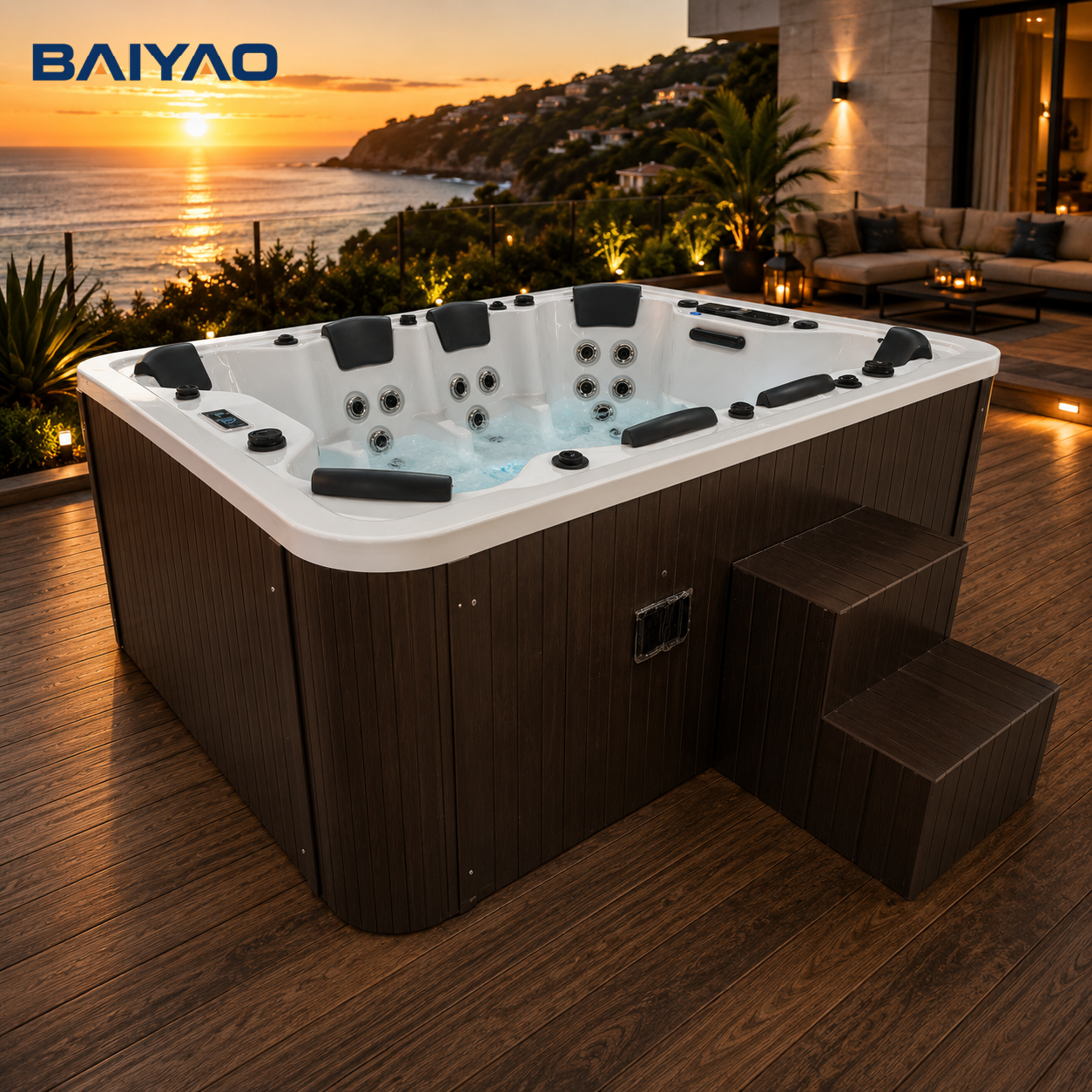 Outdoor Hot Tub Acrylic 8-Seat Jakuzzi With Powerful Massage Jets Spa LED Lighting & Ozone System Yacuzzi for Garden & Patio