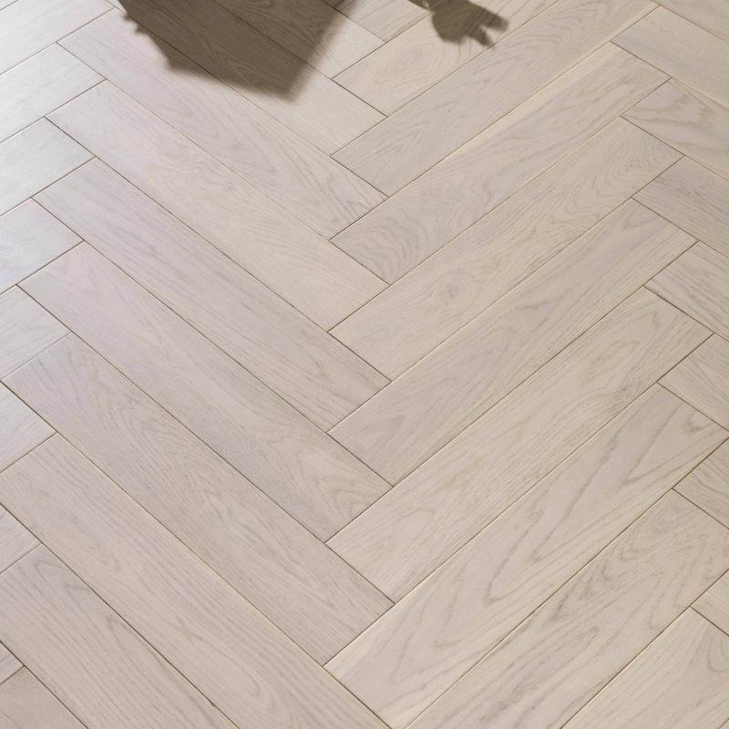 China Supplier Full Solid Timber Brushed White Oak Parquet Herringbone Wood Flooring Light Color Finished Hardwood Floors